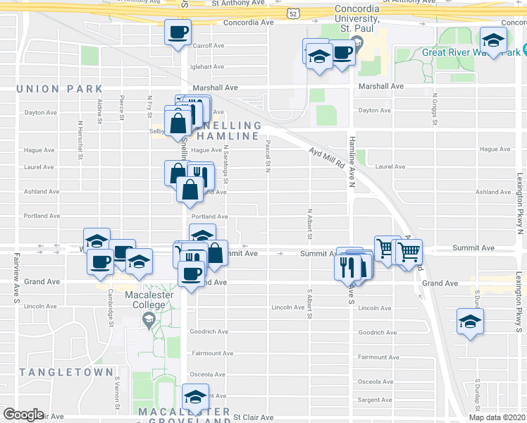map of restaurants, bars, coffee shops, grocery stores, and more near 1463 Portland Avenue in Saint Paul