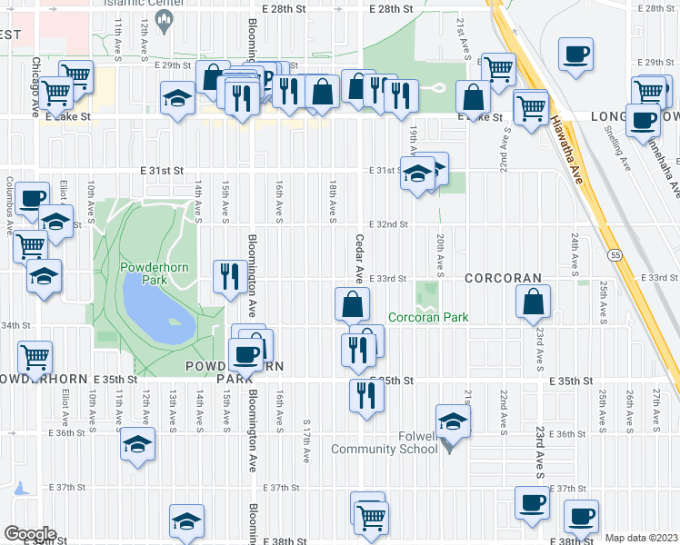 map of restaurants, bars, coffee shops, grocery stores, and more near 3243 18th Avenue South in Minneapolis