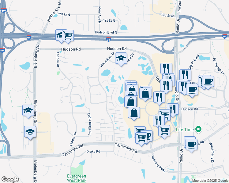 map of restaurants, bars, coffee shops, grocery stores, and more near 443 Woodduck Place in Woodbury