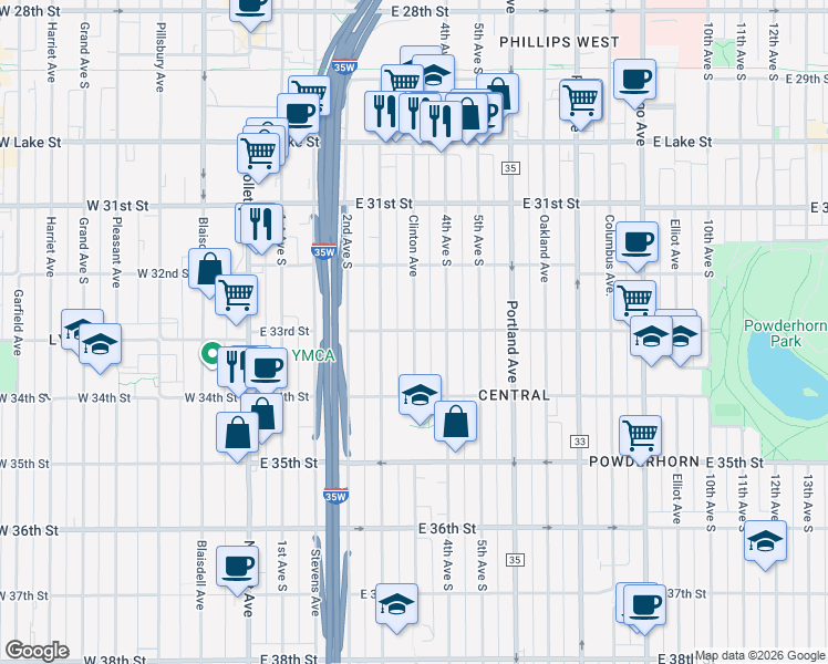map of restaurants, bars, coffee shops, grocery stores, and more near 3301 Clinton Avenue in Minneapolis