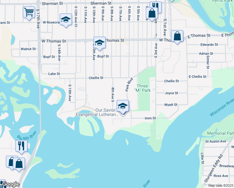 map of restaurants, bars, coffee shops, grocery stores, and more near 1337 South 8th Avenue in Wausau