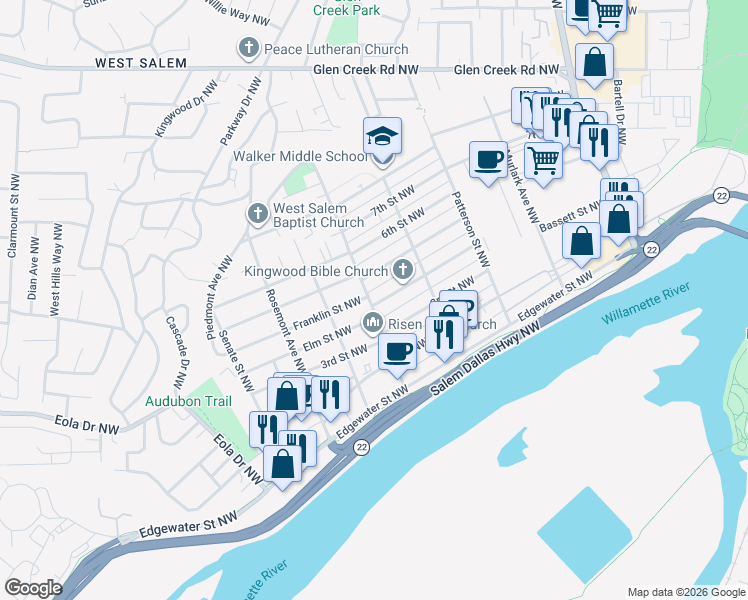 map of restaurants, bars, coffee shops, grocery stores, and more near 1185 Elm Street Northwest in Salem