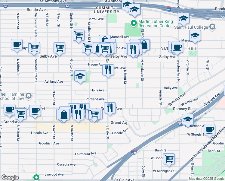 map of restaurants, bars, coffee shops, grocery stores, and more near 604 Holly Avenue in Saint Paul