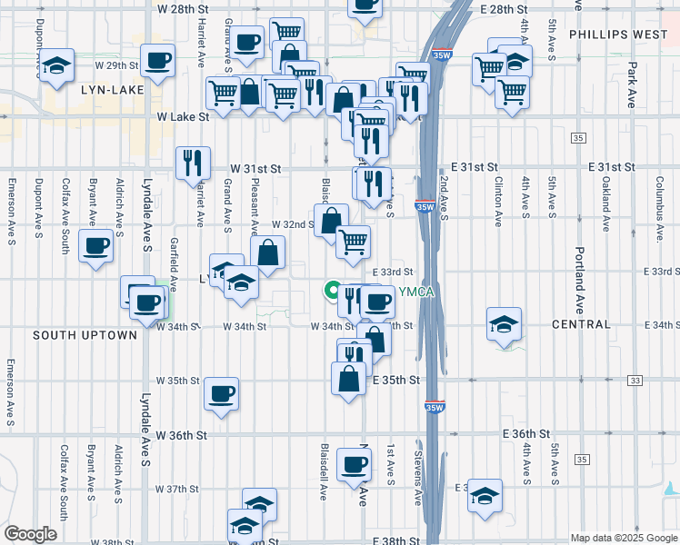 map of restaurants, bars, coffee shops, grocery stores, and more near 20 West 33rd Street in Minneapolis
