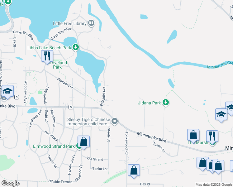 map of restaurants, bars, coffee shops, grocery stores, and more near 3315 Fairchild Avenue in Minnetonka