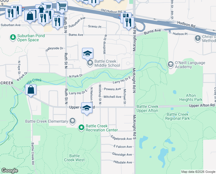 map of restaurants, bars, coffee shops, grocery stores, and more near 2165 Powers Avenue in Saint Paul