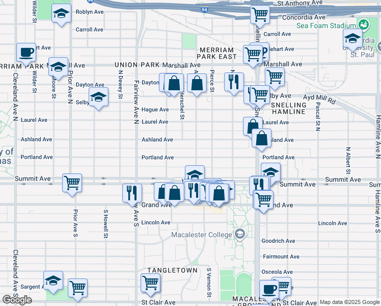 map of restaurants, bars, coffee shops, grocery stores, and more near 1709 Portland Avenue in Saint Paul