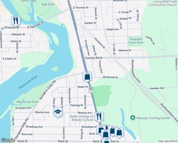 map of restaurants, bars, coffee shops, grocery stores, and more near 1403 Grand Avenue in Wausau