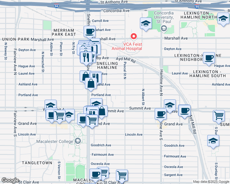 map of restaurants, bars, coffee shops, grocery stores, and more near 1499 Portland Avenue in Saint Paul