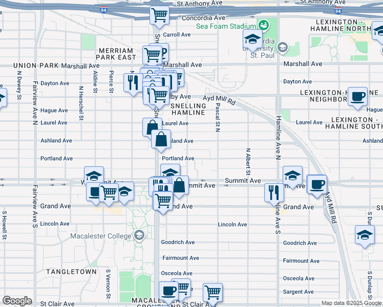 map of restaurants, bars, coffee shops, grocery stores, and more near 1499 Portland Avenue in Saint Paul