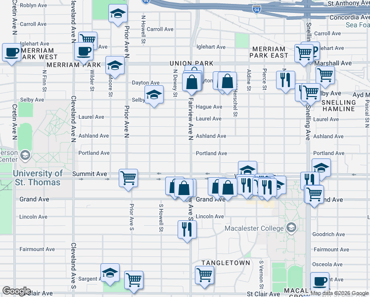 map of restaurants, bars, coffee shops, grocery stores, and more near 1815 Portland Avenue in Saint Paul