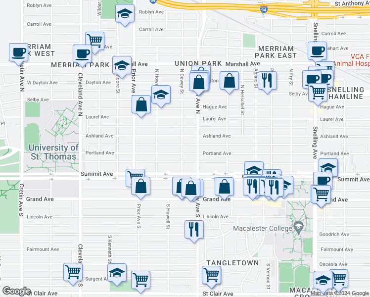 map of restaurants, bars, coffee shops, grocery stores, and more near 1849 Portland Avenue in Saint Paul