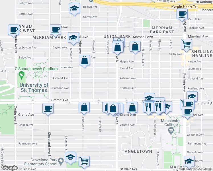 map of restaurants, bars, coffee shops, grocery stores, and more near 1849 Portland Avenue in Saint Paul