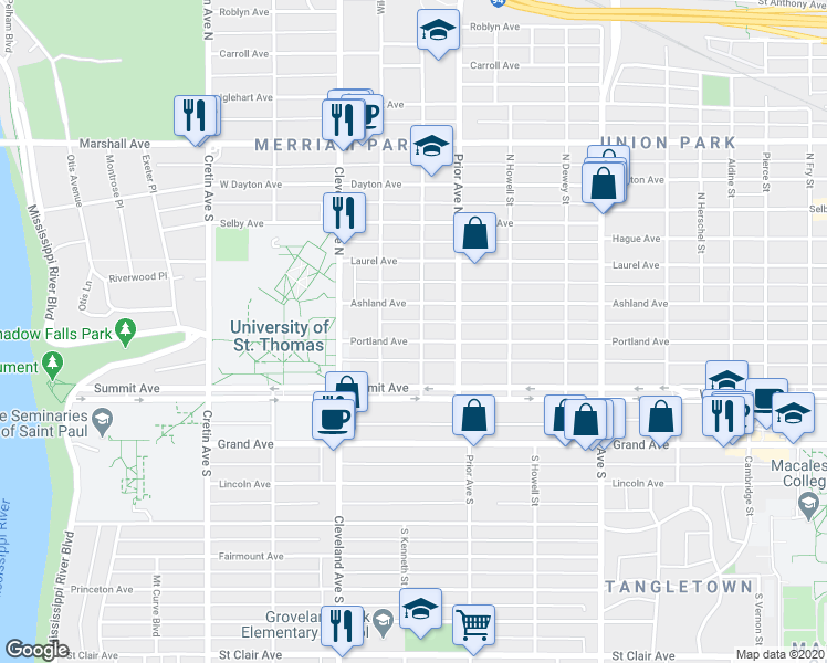 map of restaurants, bars, coffee shops, grocery stores, and more near 1985 Portland Avenue in Saint Paul