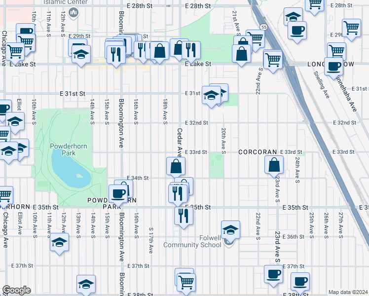 map of restaurants, bars, coffee shops, grocery stores, and more near 3244 Cedar Avenue in Minneapolis