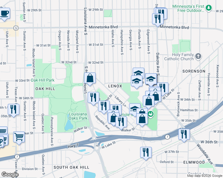 map of restaurants, bars, coffee shops, grocery stores, and more near 3277 Library Lane in St. Louis Park
