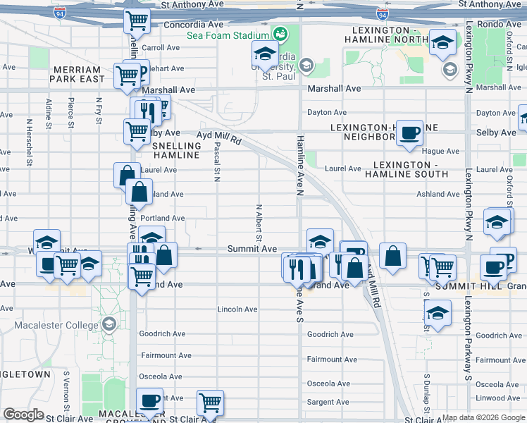 map of restaurants, bars, coffee shops, grocery stores, and more near 1395 Portland Avenue in Saint Paul
