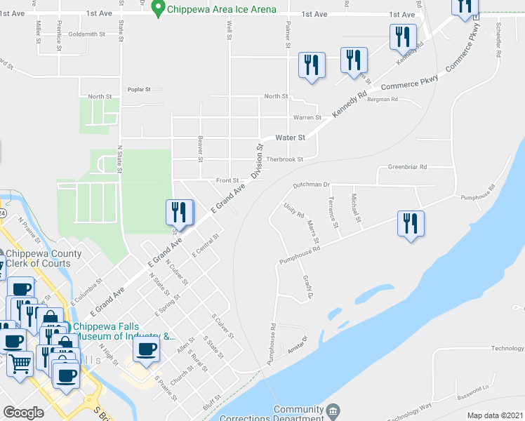map of restaurants, bars, coffee shops, grocery stores, and more near 672 Dutchman Drive in Chippewa Falls