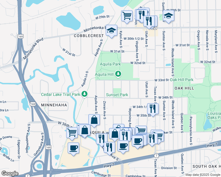 map of restaurants, bars, coffee shops, grocery stores, and more near 3334 Yukon Avenue South in Minneapolis
