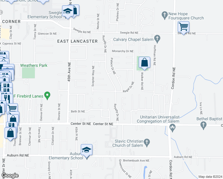 map of restaurants, bars, coffee shops, grocery stores, and more near 4705 Regal Drive Northeast in Salem
