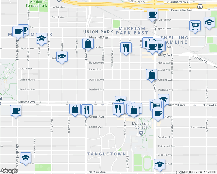 map of restaurants, bars, coffee shops, grocery stores, and more near 1741 Portland Avenue in Saint Paul