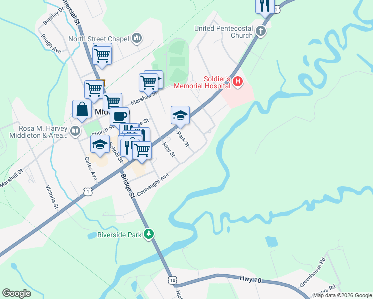 map of restaurants, bars, coffee shops, grocery stores, and more near 61 Connaught Avenue in Middleton