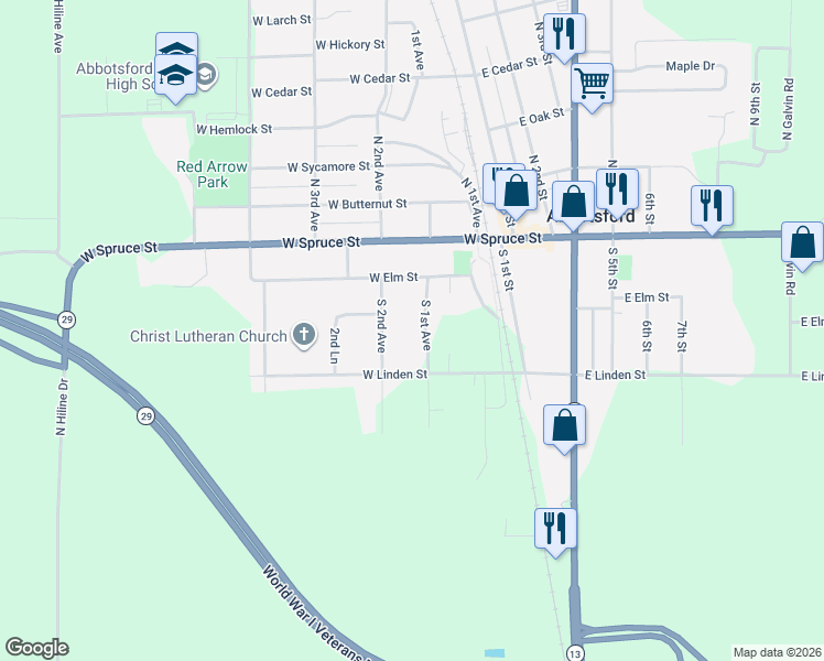 map of restaurants, bars, coffee shops, grocery stores, and more near 211 South 1st Avenue in Abbotsford
