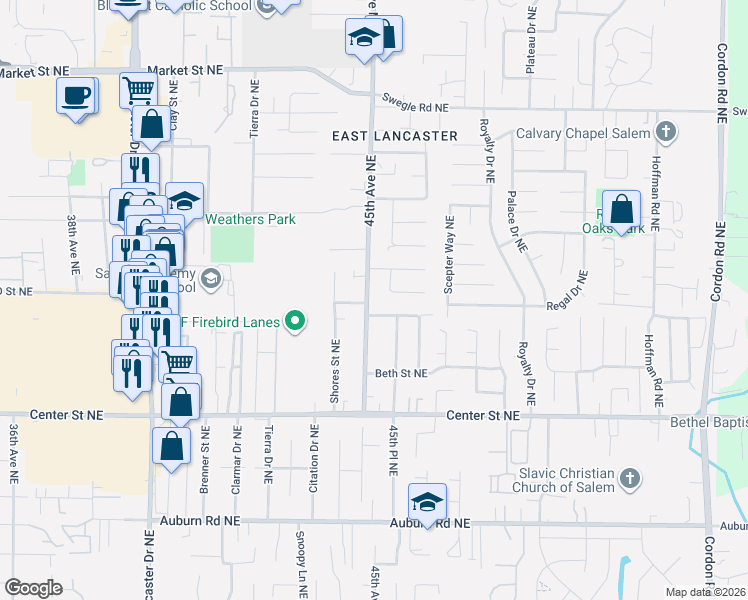 map of restaurants, bars, coffee shops, grocery stores, and more near 1020 45th Avenue Northeast in Salem