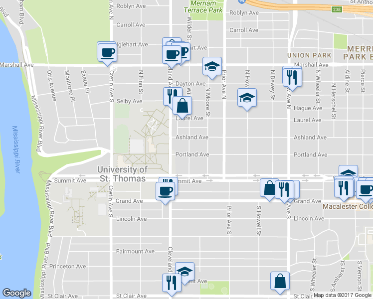 map of restaurants, bars, coffee shops, grocery stores, and more near 2023 Portland Avenue in Saint Paul