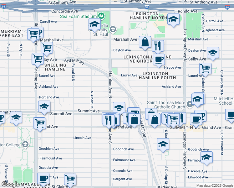 map of restaurants, bars, coffee shops, grocery stores, and more near 1319 Portland Avenue in Saint Paul
