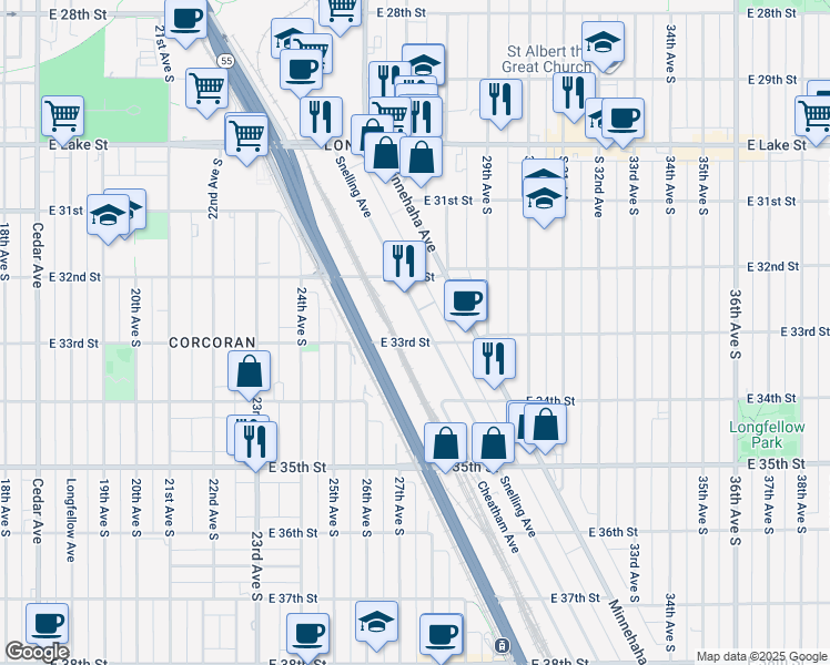 map of restaurants, bars, coffee shops, grocery stores, and more near 2710 East 33rd Street in Minneapolis