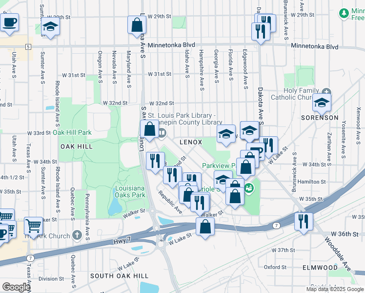 map of restaurants, bars, coffee shops, grocery stores, and more near 3277 Library Lane in St. Louis Park