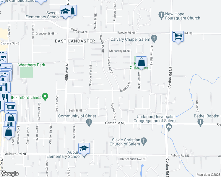 map of restaurants, bars, coffee shops, grocery stores, and more near 1015 Royalty Drive Northeast in Salem