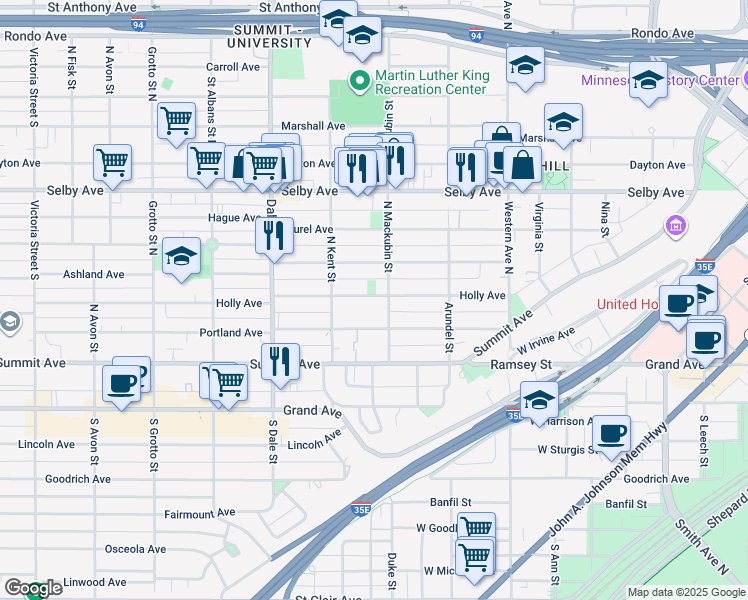 map of restaurants, bars, coffee shops, grocery stores, and more near 43 North Mackubin Street in Saint Paul