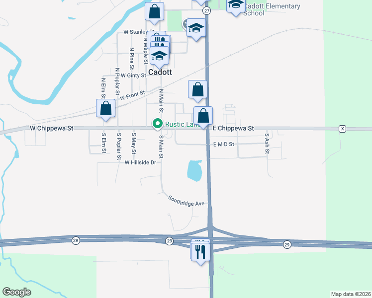 map of restaurants, bars, coffee shops, grocery stores, and more near 227 East M D Street in Cadott