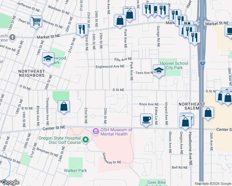 map of restaurants, bars, coffee shops, grocery stores, and more near 1016 Icel Court Northeast in Salem
