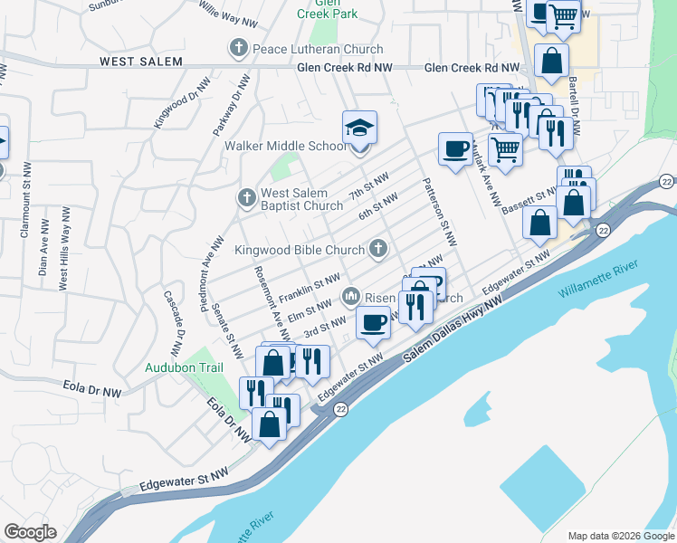 map of restaurants, bars, coffee shops, grocery stores, and more near 1185 Elm Street Northwest in Salem