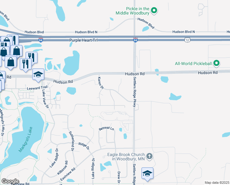 map of restaurants, bars, coffee shops, grocery stores, and more near 442 Karen Way in Woodbury