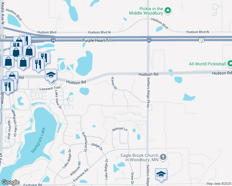 map of restaurants, bars, coffee shops, grocery stores, and more near 10609-10999 Hudson Road in Woodbury