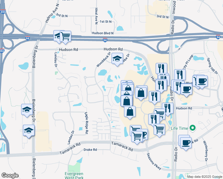 map of restaurants, bars, coffee shops, grocery stores, and more near 443 Woodduck Place in Woodbury