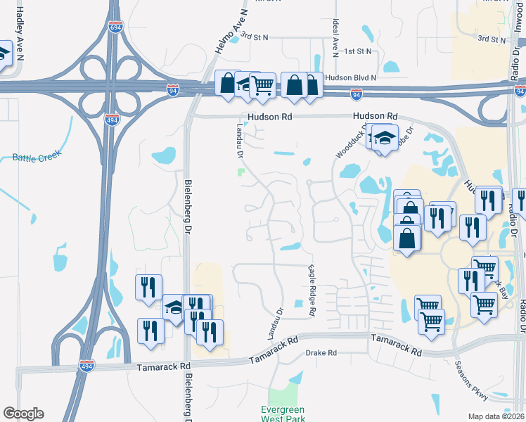 map of restaurants, bars, coffee shops, grocery stores, and more near 303 Elan Court in Woodbury
