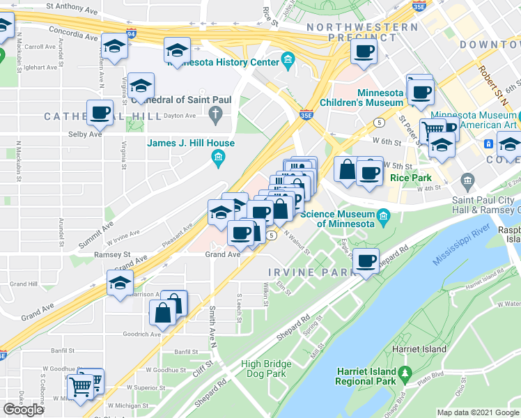 map of restaurants, bars, coffee shops, grocery stores, and more near 235 Marshall Avenue in Saint Paul