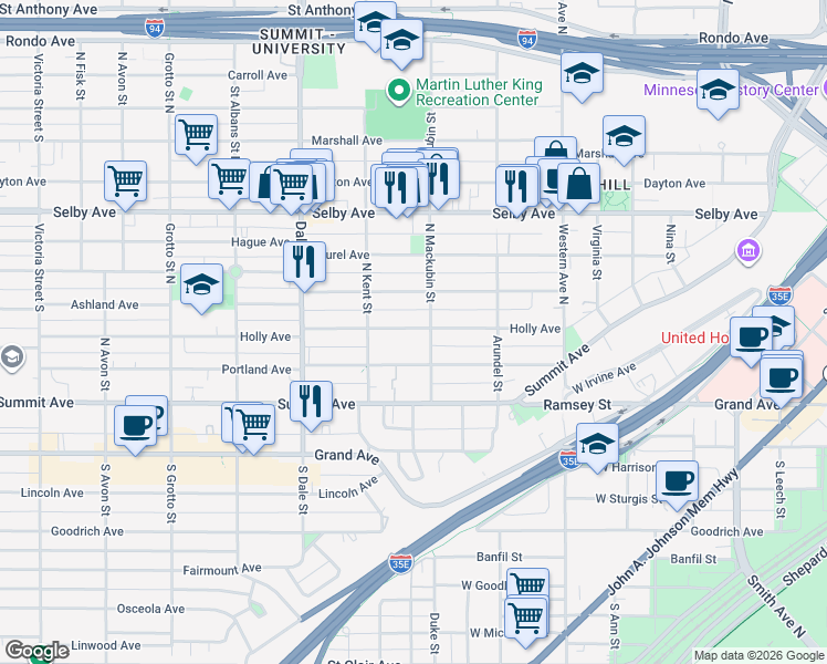 map of restaurants, bars, coffee shops, grocery stores, and more near 43 North Mackubin Street in Saint Paul