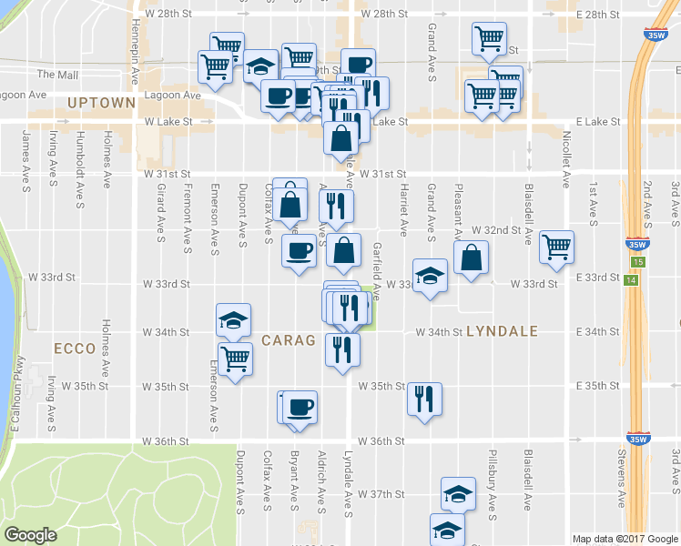 map of restaurants, bars, coffee shops, grocery stores, and more near 3255 Lyndale Avenue South in Minneapolis