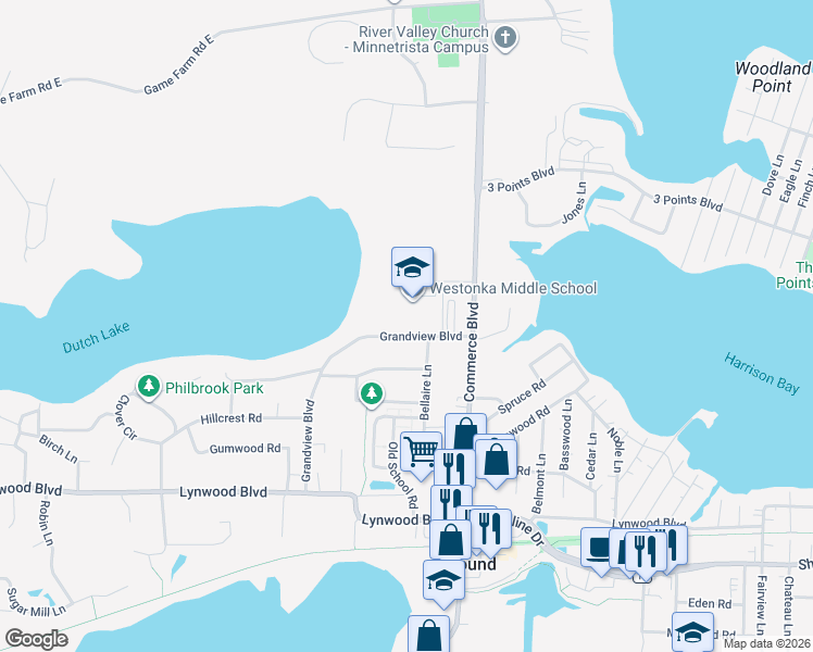 map of restaurants, bars, coffee shops, grocery stores, and more near 5733 Grandview Boulevard in Mound