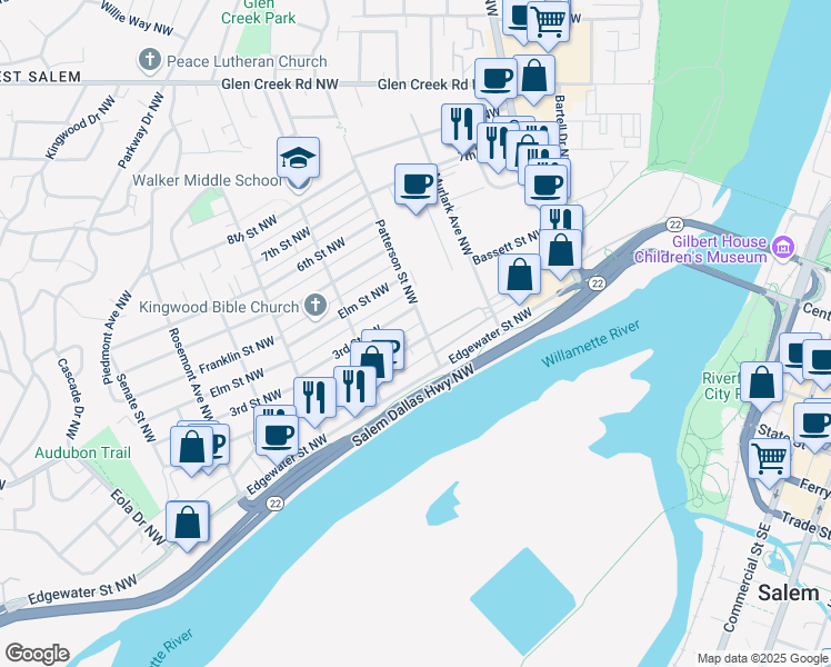map of restaurants, bars, coffee shops, grocery stores, and more near 1049 2nd Street Northwest in Salem