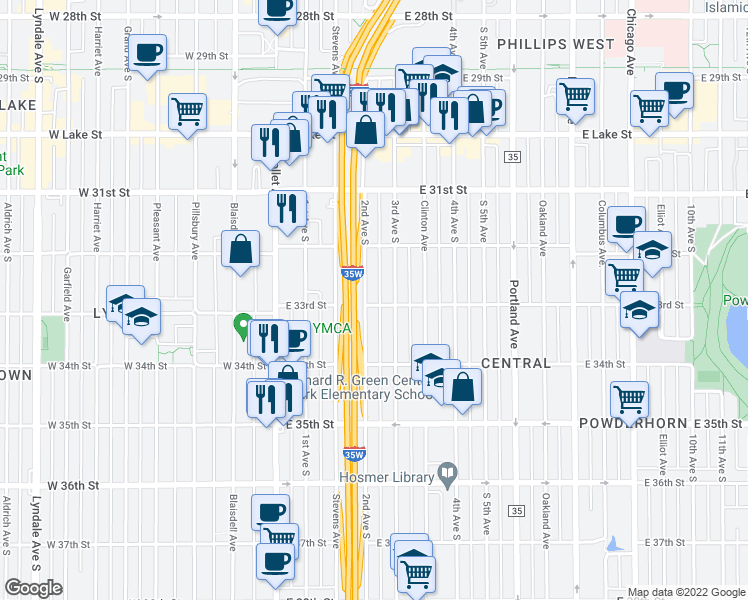 map of restaurants, bars, coffee shops, grocery stores, and more near 3300 3rd Avenue South in Minneapolis