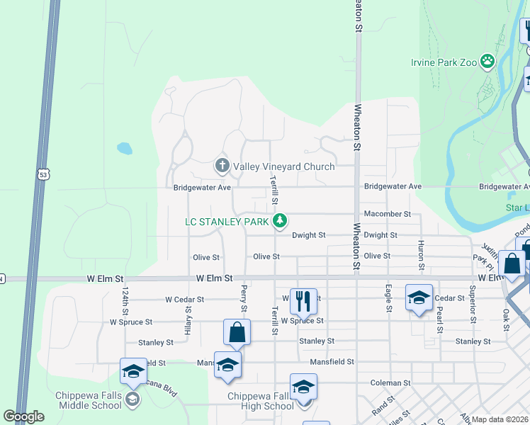 map of restaurants, bars, coffee shops, grocery stores, and more near 1318 Terrill Street in Chippewa Falls