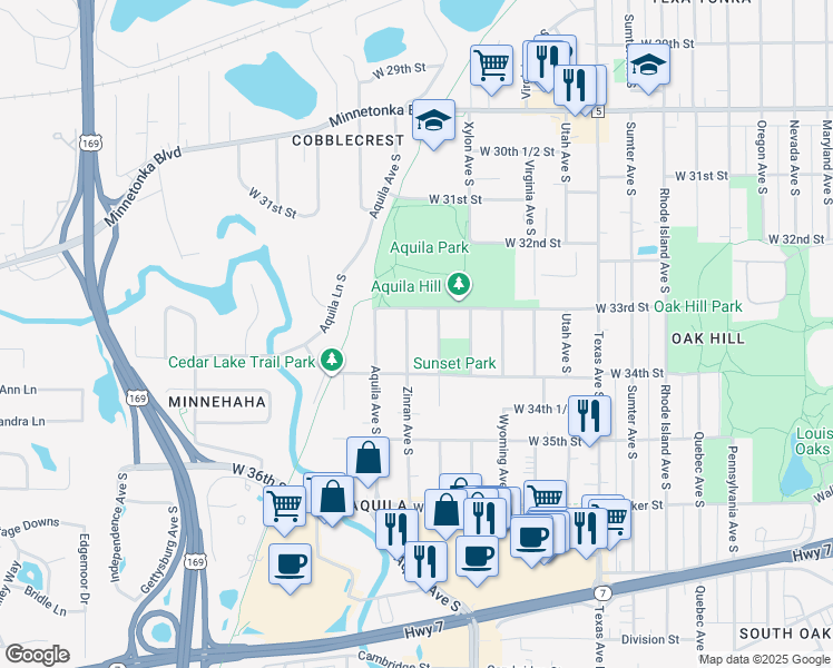 map of restaurants, bars, coffee shops, grocery stores, and more near 3334 Zinran Avenue South in Minneapolis
