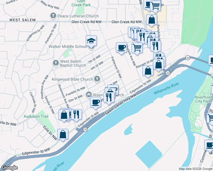 map of restaurants, bars, coffee shops, grocery stores, and more near 314 McNary Avenue Northwest in Salem